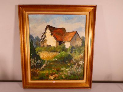 une peinture à l'huile représentant une maison blanche au toit rouge, dans un cadre doré