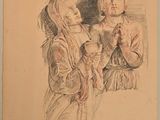 l'image d'un dessin représentant une femme tenant un enfant dans ses bras