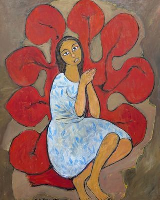 an oil painting of a woman sitting on a red chair