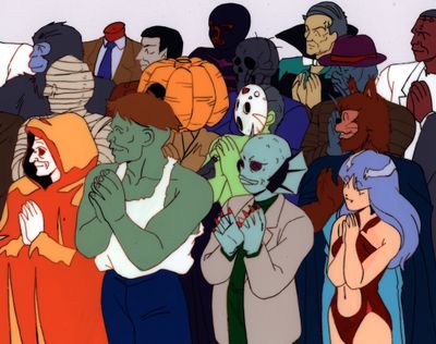 a group of cartoon characters standing together in a crowd