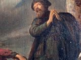 a painting of a man sitting on a horse next to a group of people