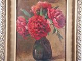 une peinture de fleurs rouges dans un vase sur une table