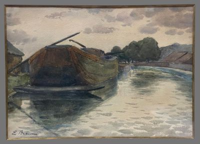 a painting of a boat that is sitting on the water