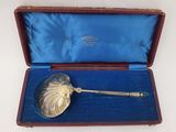 an antique silver spoon in a blue box with a blue lining