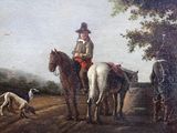 a painting of a man riding a horse with two dogs