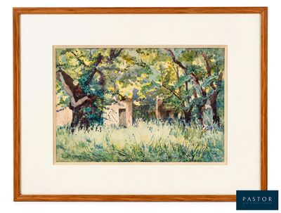 aquarelle encadrée représentant une scène de jardin avec un banc et des arbres