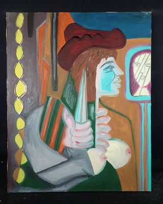 une peinture à l'huile représentant une femme coiffée d'un chapeau rouge qui se regarde dans un miroir