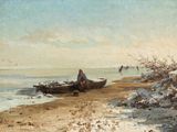 un tableau représentant un homme assis dans un bateau sur la plage