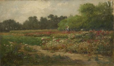 tableau représentant une femme marchant dans un champ de fleurs