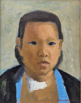 tableau représentant un jeune enfant vêtu d'une veste noire et d'une chemise bleue