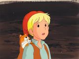 cellule d'animation représentant un jeune garçon avec un chat sur l'épaule