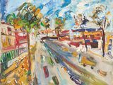 une peinture à l'huile représentant une rue de la ville avec des voitures et des bâtiments