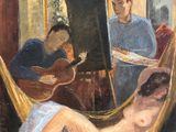 a painting of a woman laying in a hammock with a guitar