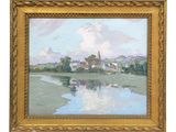 une image représentant une peinture d'une rivière avec une église en arrière-plan