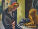 tableau représentant une femme regardant par la fenêtre un chien