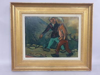 painting of a man and a woman walking in the mountains