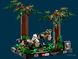 a lego model of a man riding a motorcycle in the woods