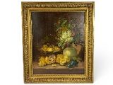 painting of a still life of fruit and flowers in a gold frame