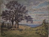 tableau représentant un groupe de personnes marchant dans un champ parsemé d'arbres