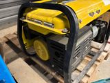 a yellow generator sitting on a pallet in a garage