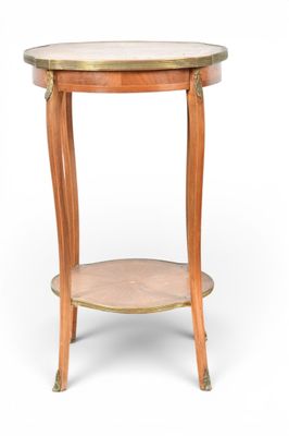 a wooden table with a marble top on a white background