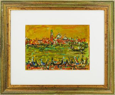 une peinture à l'huile représentant une vue de Venise avec des gondoles au premier plan