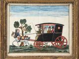 une image représentant un tableau où l'on voit une calèche tirée par deux hommes