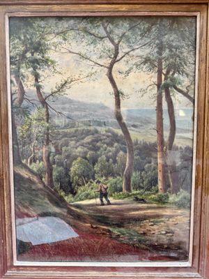 une peinture à l'huile représentant un homme marchant sur un sentier dans une zone boisée