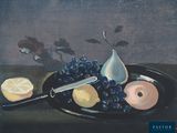 a painting of a plate of fruit and a knife on a table