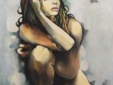 an oil painting of a woman sitting on the ground with her hands on her head