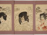 three paintings of a woman in a kimono dress and a man in a kimono dress