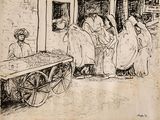drawing of a group of people standing in front of a building