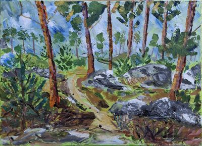a painting of rocks and trees in the woods