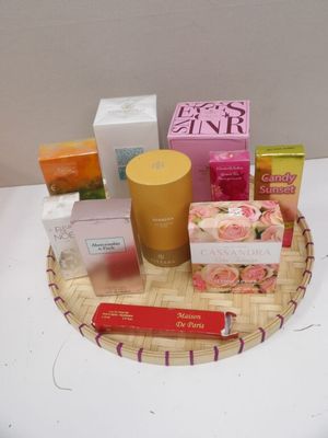 many different types of skin care products displayed on a tray