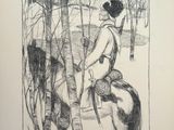 drawing of a woman riding a horse in a wooded area
