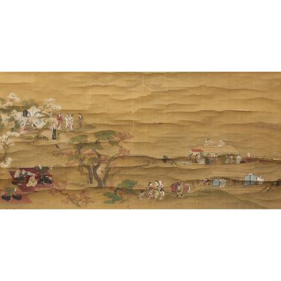 an oriental painting of a landscape with people and animals