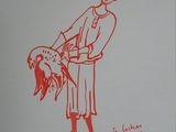 un dessin rouge représentant un homme tenant un poisson
