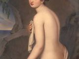 painting of a nude woman in a white towel by the water