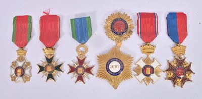 several medals are displayed on a white surface with red, blue, and green ribbons