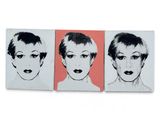 three paintings of a woman ' s face on a pink background