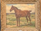 a painting of a brown horse standing in a field