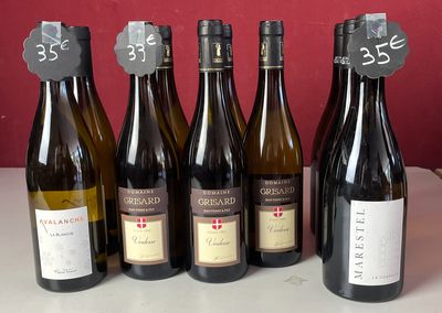 Des bouteilles de vin sont alignées sur un comptoir devant un mur rouge