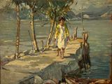 un tableau représentant une femme marchant sur une jetée au bord de l'eau