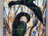 a painting of two birds sitting on a tree branch