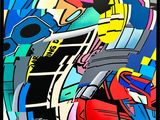 painting of a man riding a motorcycle in front of a colorful wall