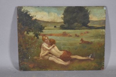 tableau représentant un couple dans un champ, avec des vaches en arrière-plan