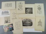 several old book pages with drawings of buildings and buildings on them