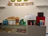 a picture of a counter with a lot of items on it
