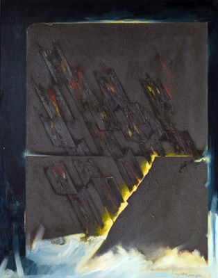 une image représentant une peinture d'une photo en noir et blanc d'un bâtiment