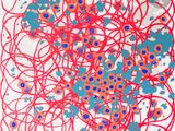 une peinture représentant une fleur rouge et bleue parsemée de points bleus
